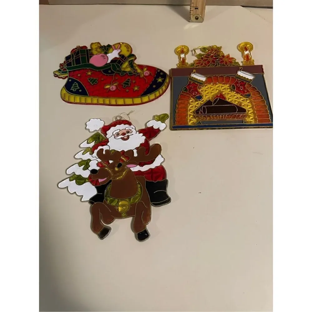 3 VINTAGE LARGER STAINED GLASS LOOK WINDOW ORNAMENT SUNCATCHERS CHRISTMAS MCM